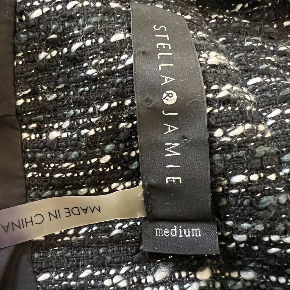 Stella & Jamie Blazer Jacket Sz M Black White Tweed Snap Closure Leather Arms - Picture 9 of 13